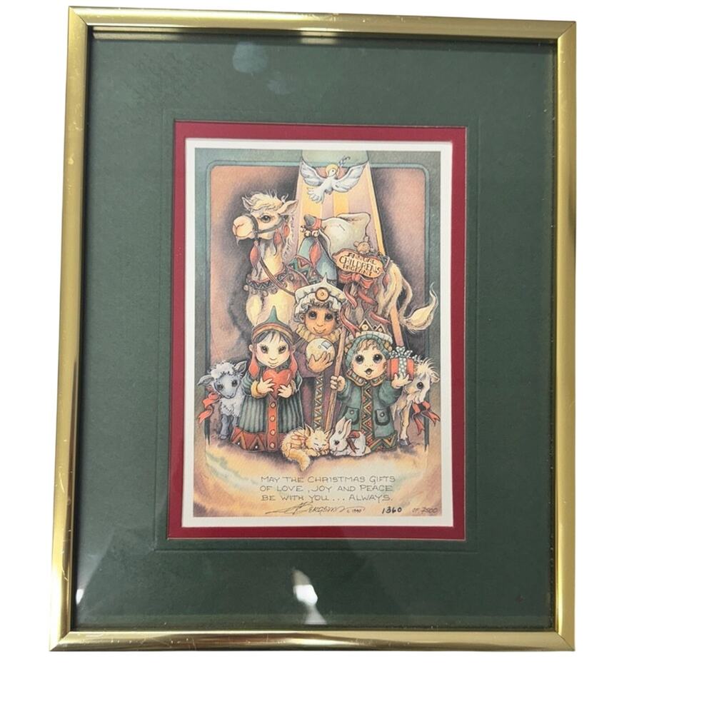 Vintage Jody Bergsma Christmas Naivety Print Gold Frame Holiday Decor Signed